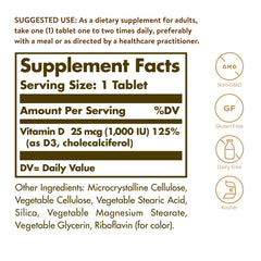 Solgar Vitamin D3 label close-up showing non-GMO and gluten-free formulation.