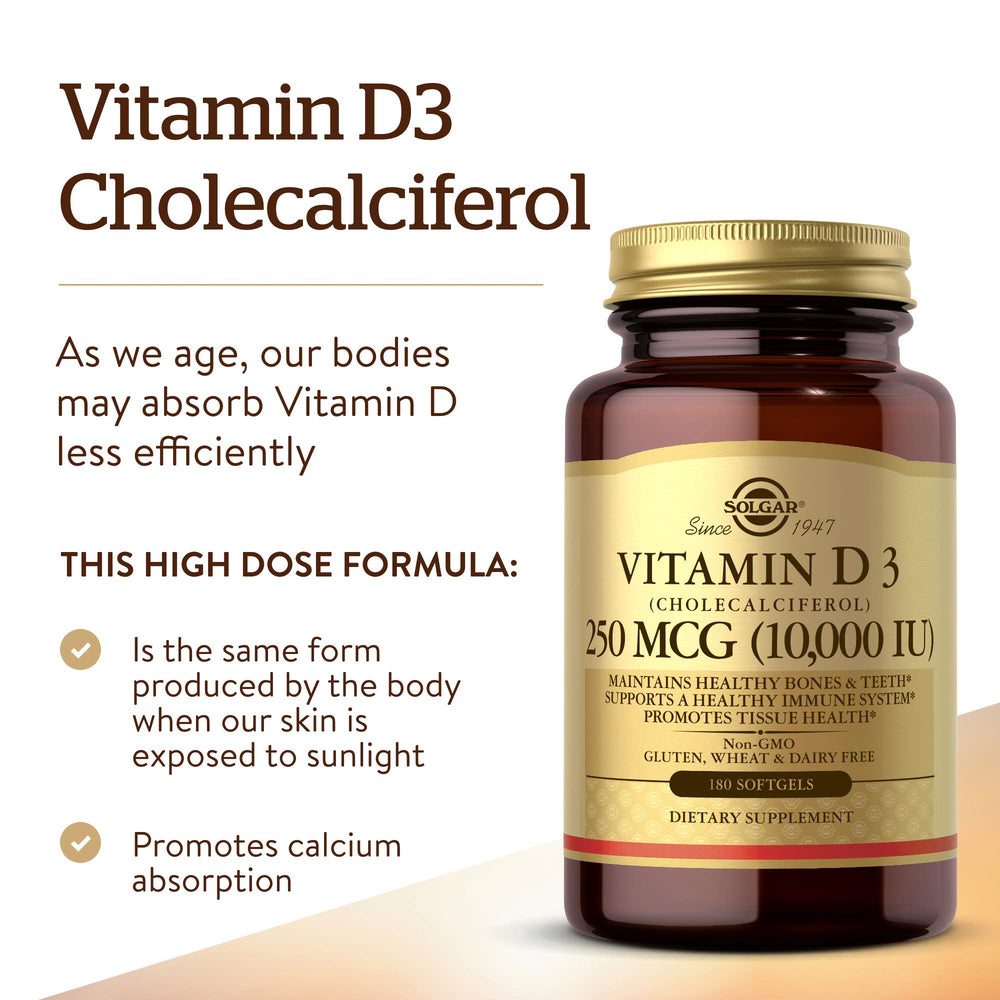 Solgar Vitamin D3 oil-based softgels promote optimal absorption.