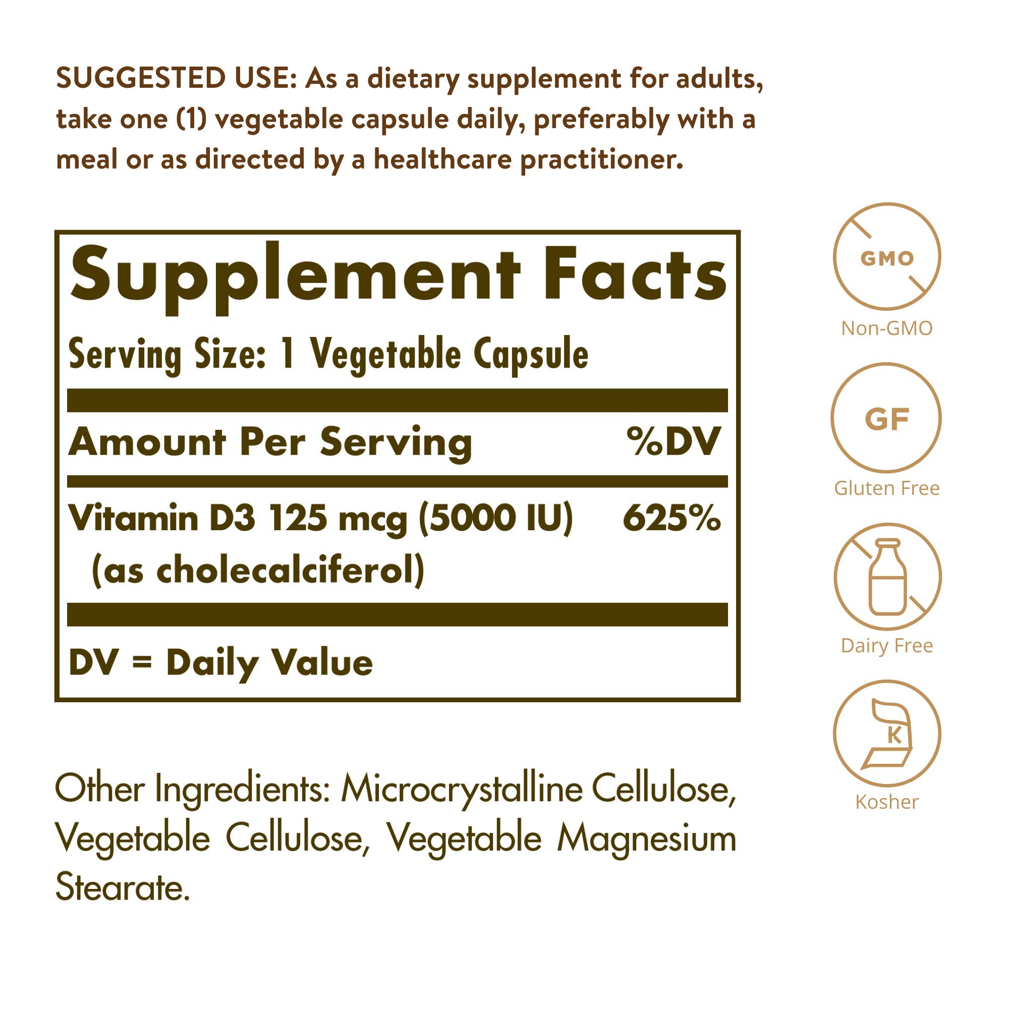 Solgar Vitamin D3 packaging box highlights 120 servings for long-term use.