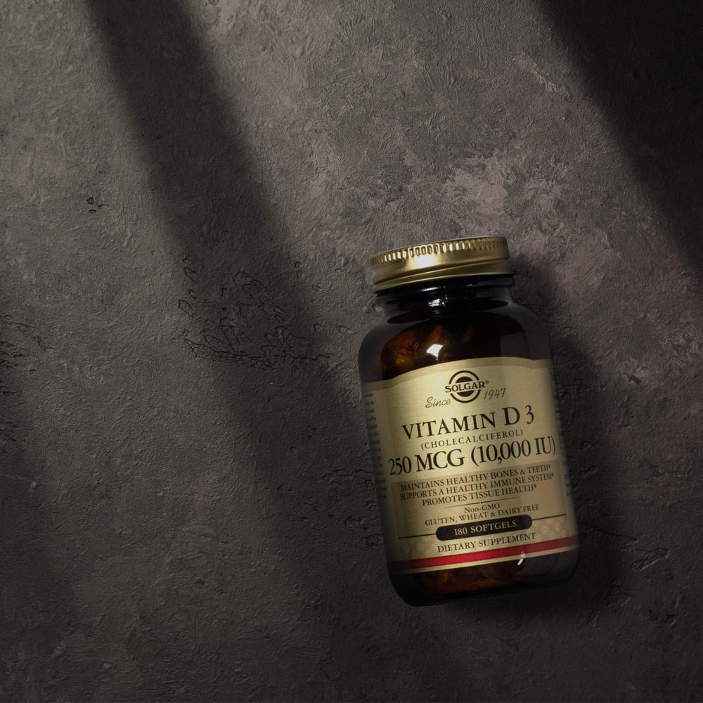 Solgar Vitamin D3 packaging shows high-potency 10,000 IU per softgel.