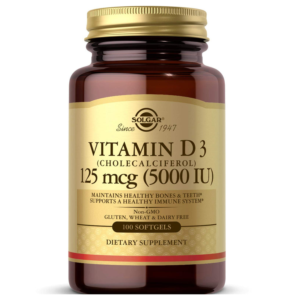 Solgar Vitamin D3 softgel bottle close-up for high-potency bone support