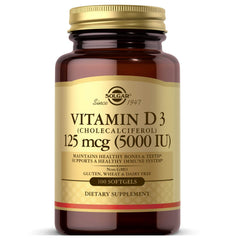 Solgar Vitamin D3 softgel bottle close-up for high-potency bone support