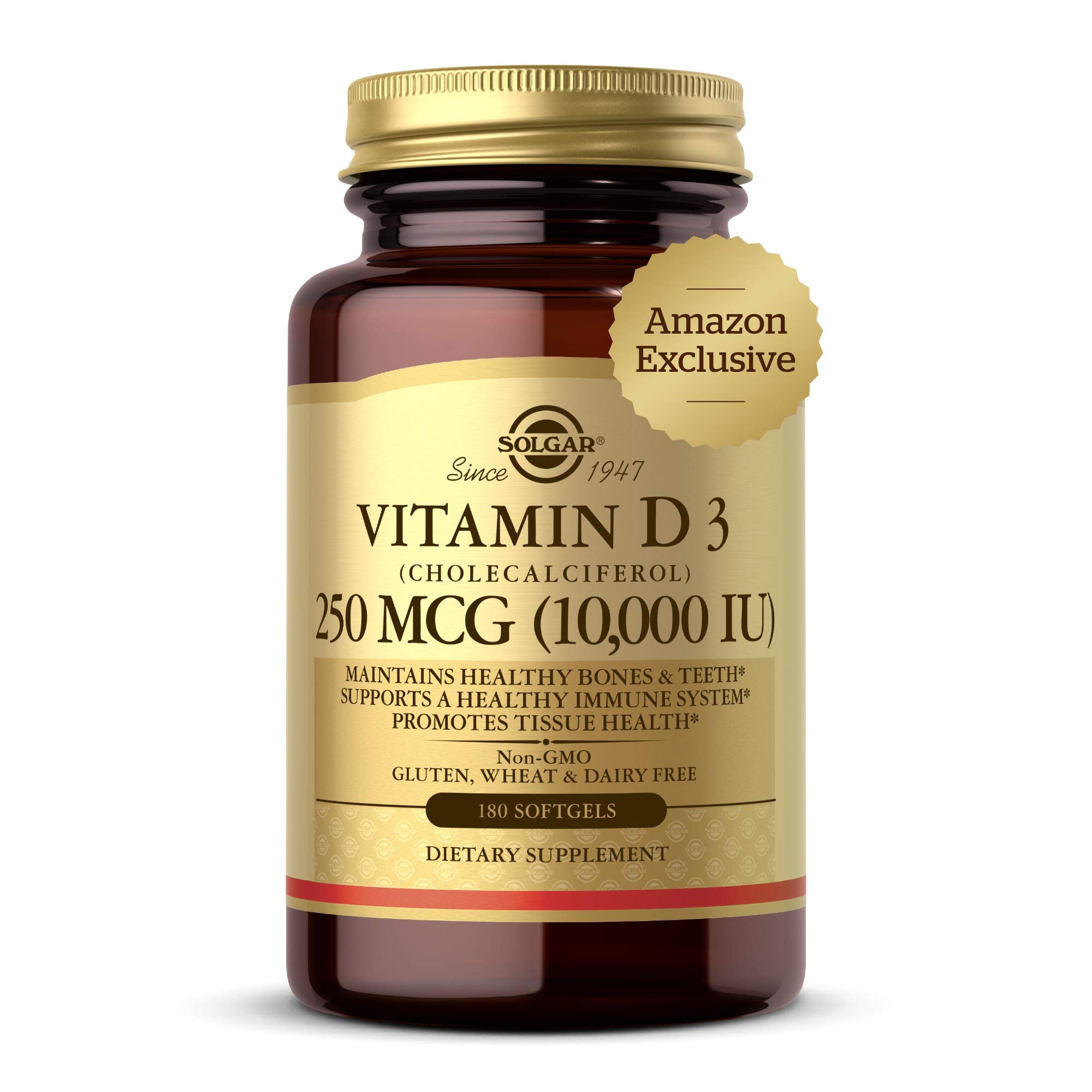 Solgar Vitamin D3 softgel bottle supports bone and teeth health.