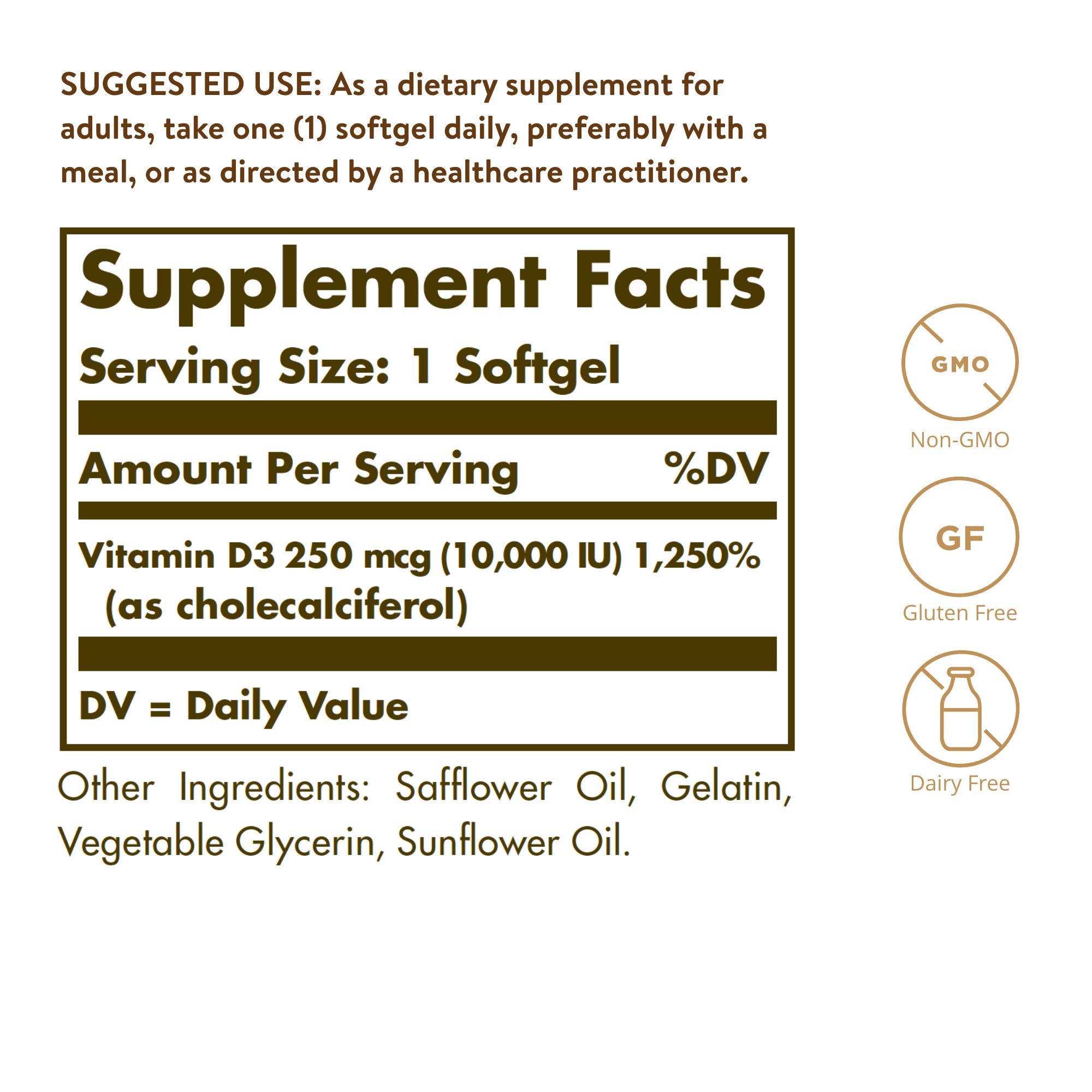 Solgar Vitamin D3 softgel bottle with dosing guide for daily use.
