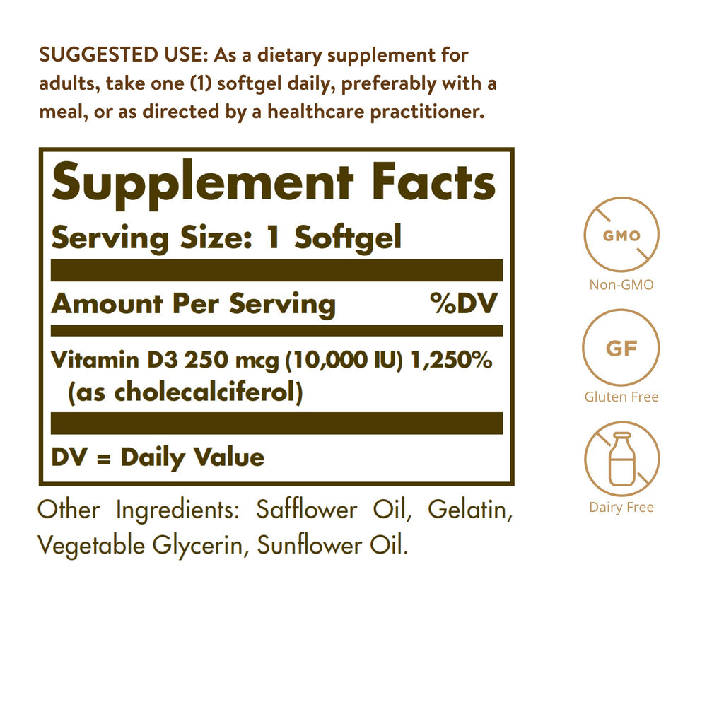 Solgar Vitamin D3 softgel bottle with dosing guide for daily use.