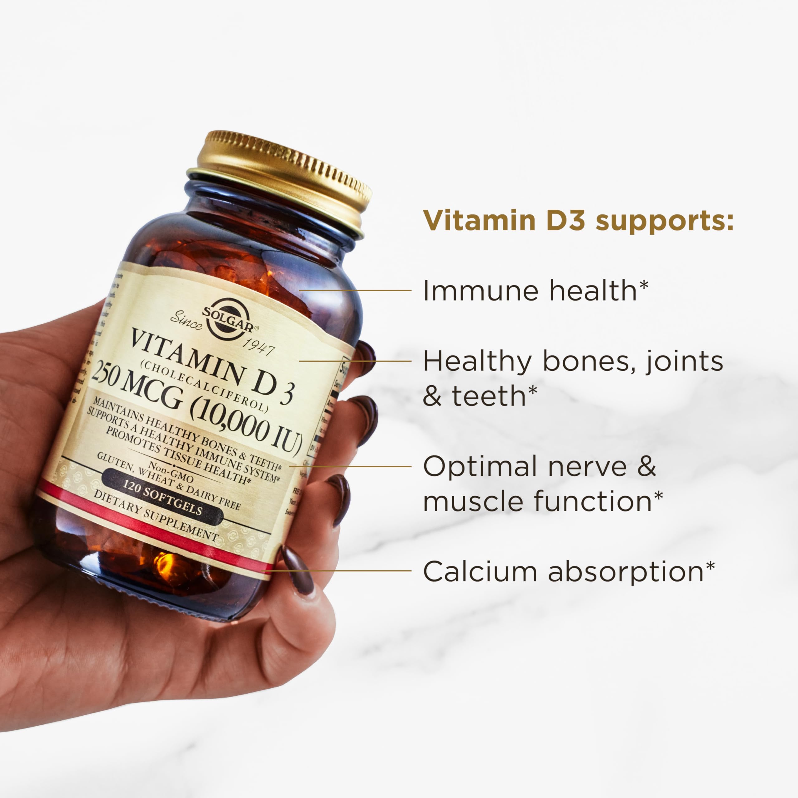 Solgar Vitamin D3 softgels ingredients panel highlighting non-GMO and allergen-free formula