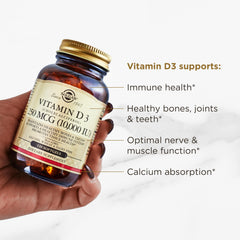 Solgar Vitamin D3 softgels ingredients panel highlighting non-GMO and allergen-free formula