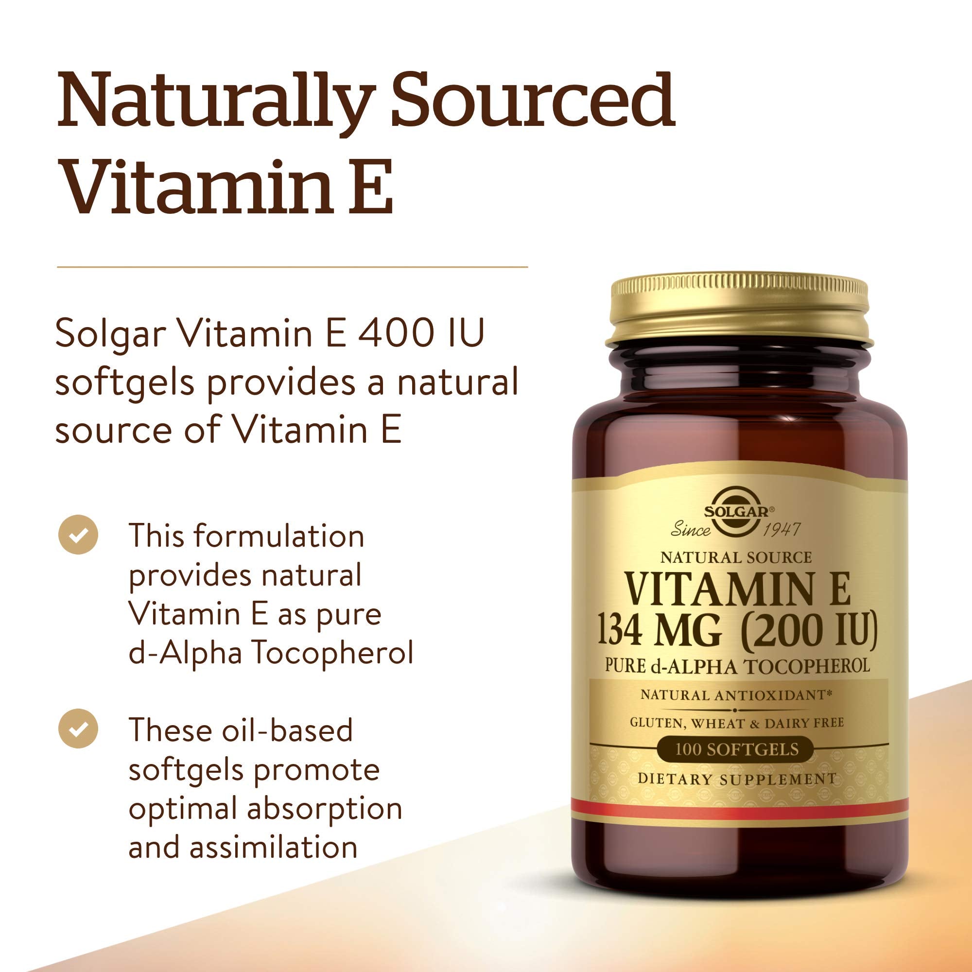 Solgar Vitamin E 200 IU Alpha ingredient label showing gluten and dairy free