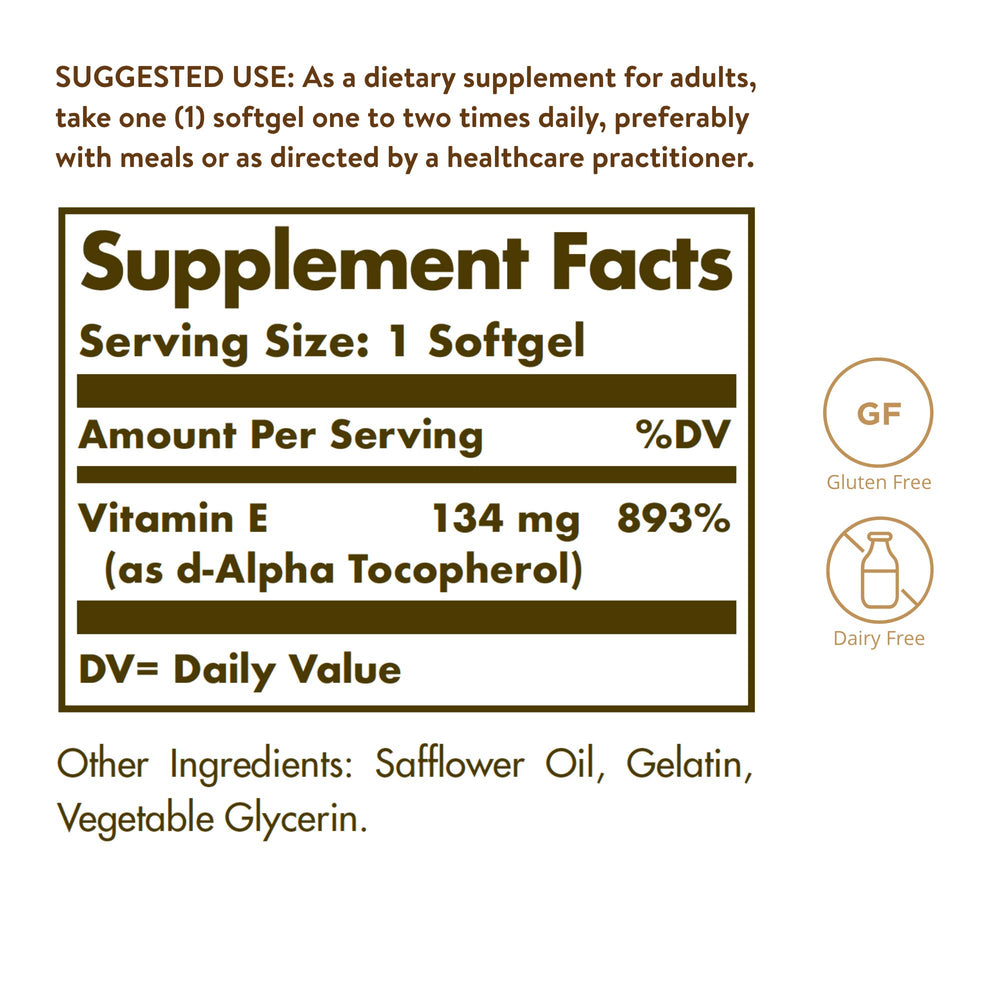 Close-up of Solgar Vitamin E 200 IU Alpha softgels for immune health