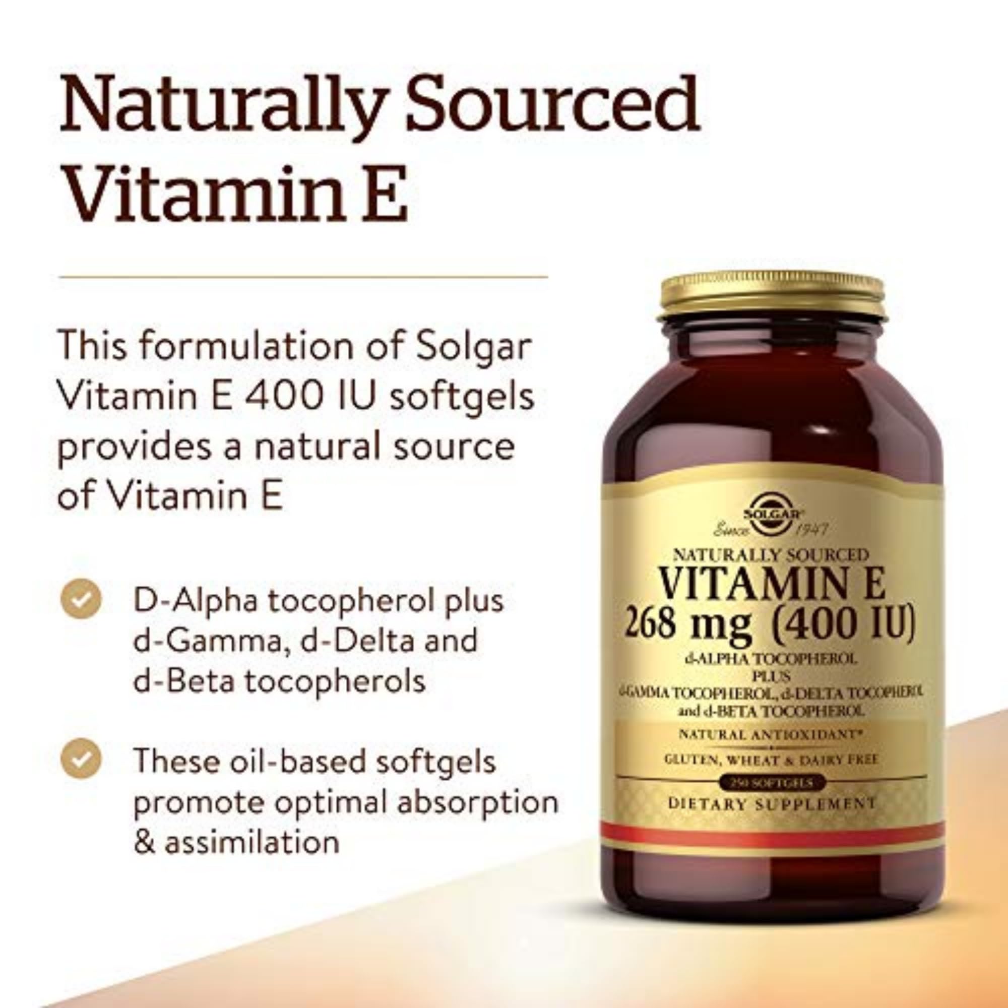 Solgar Vitamin E softgels pouring from a bottle, easy to swallow.