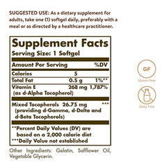 Solgar Vitamin E softgels pour; oil-based capsules for higher absorption.