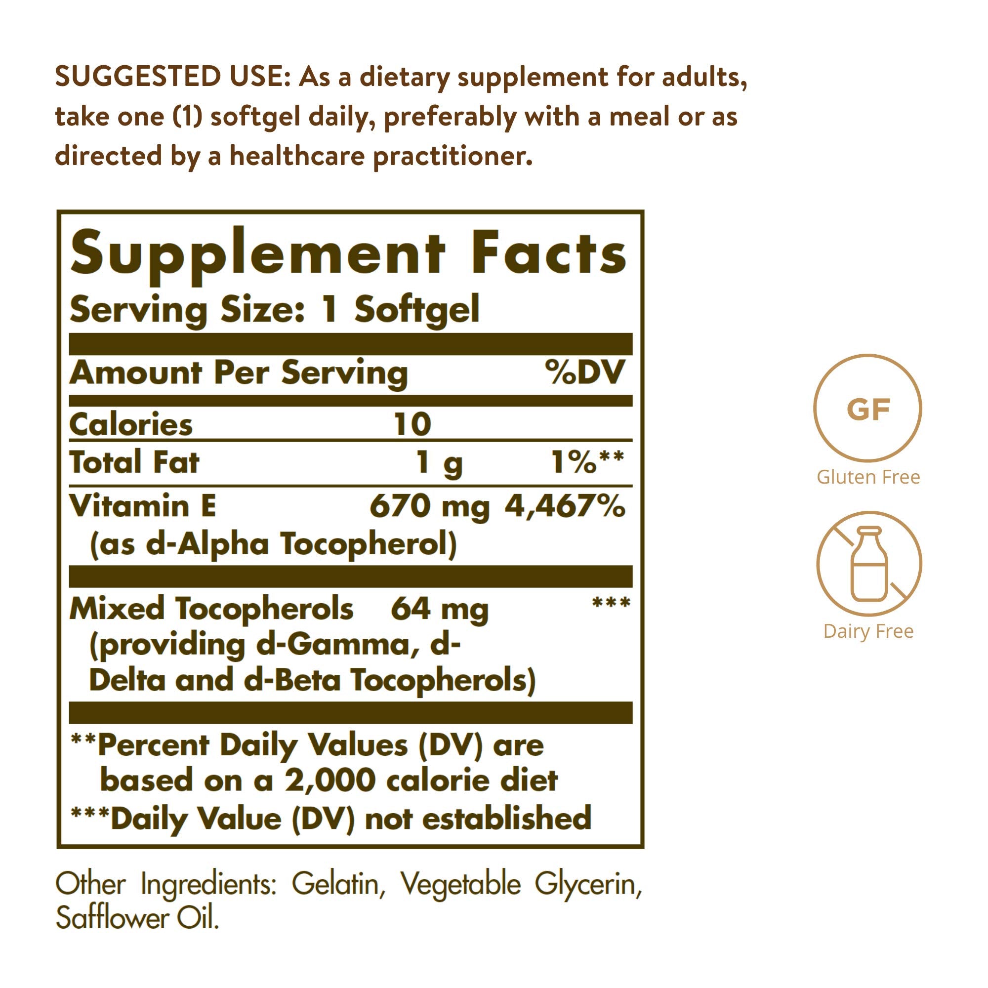 Close-up of Solgar Vitamin E label showing gluten-free and dairy-free features