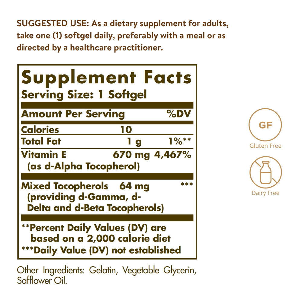 Close-up of Solgar Vitamin E label showing gluten-free and dairy-free features