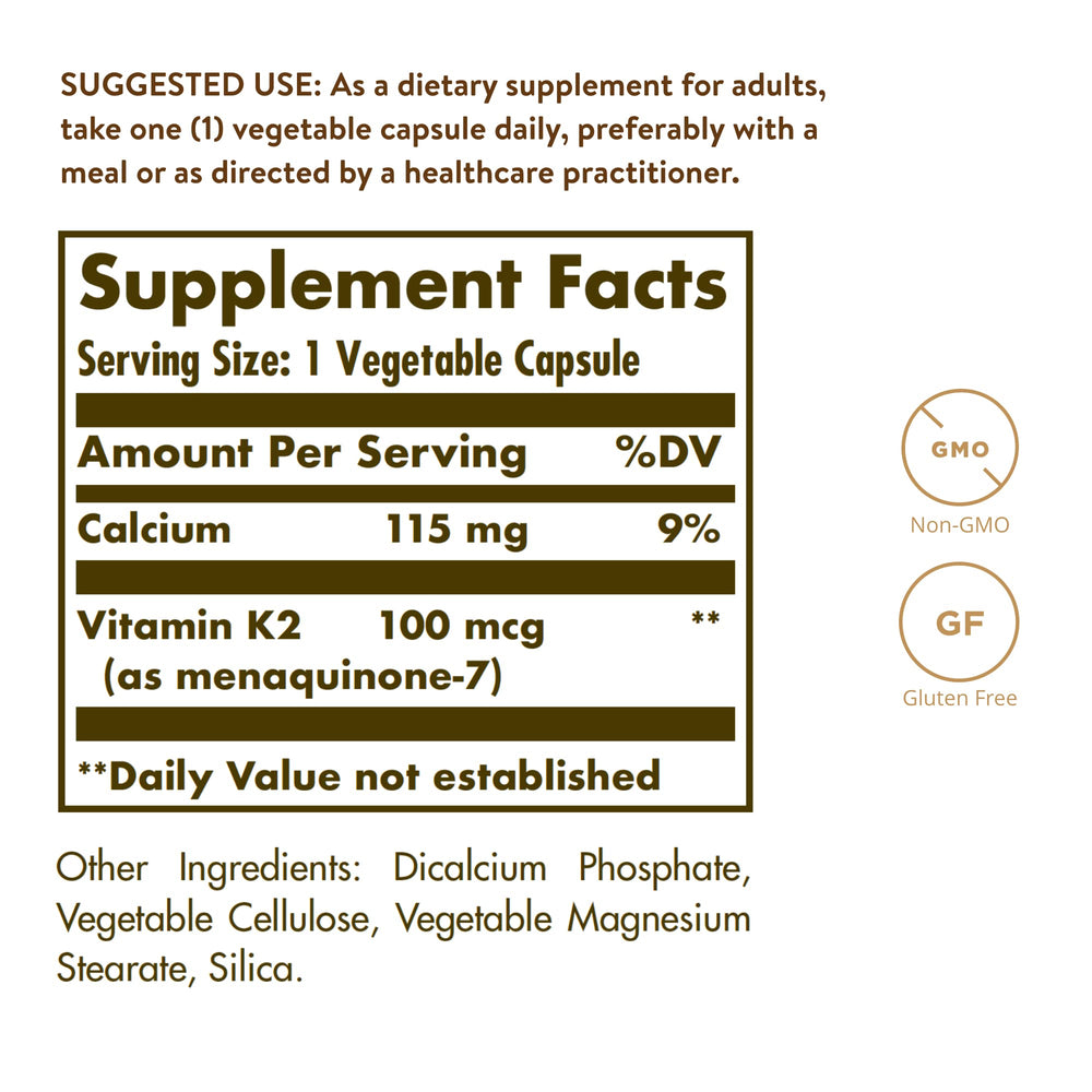 Solgar Vitamin K2 MK-7 capsules closeup highlighting vegetarian capsules for bone health