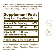 Solgar Vitamin K2 MK-7 capsules closeup highlighting vegetarian capsules for bone health