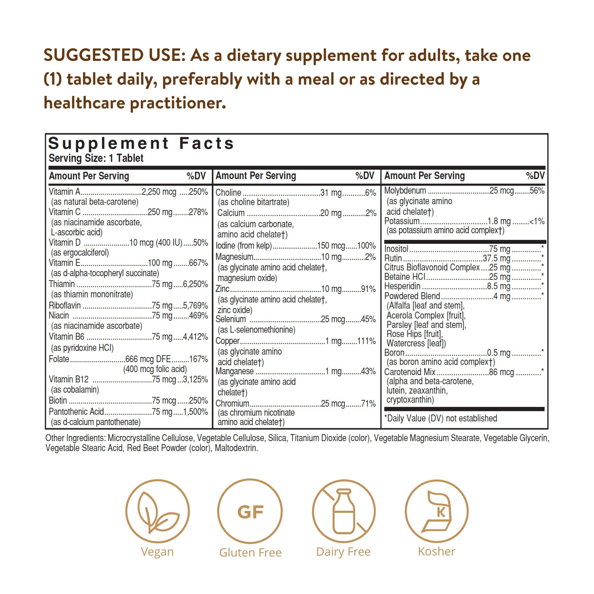 Solgar VM-75 bottle back detailing ingredients and allergen-free status.
