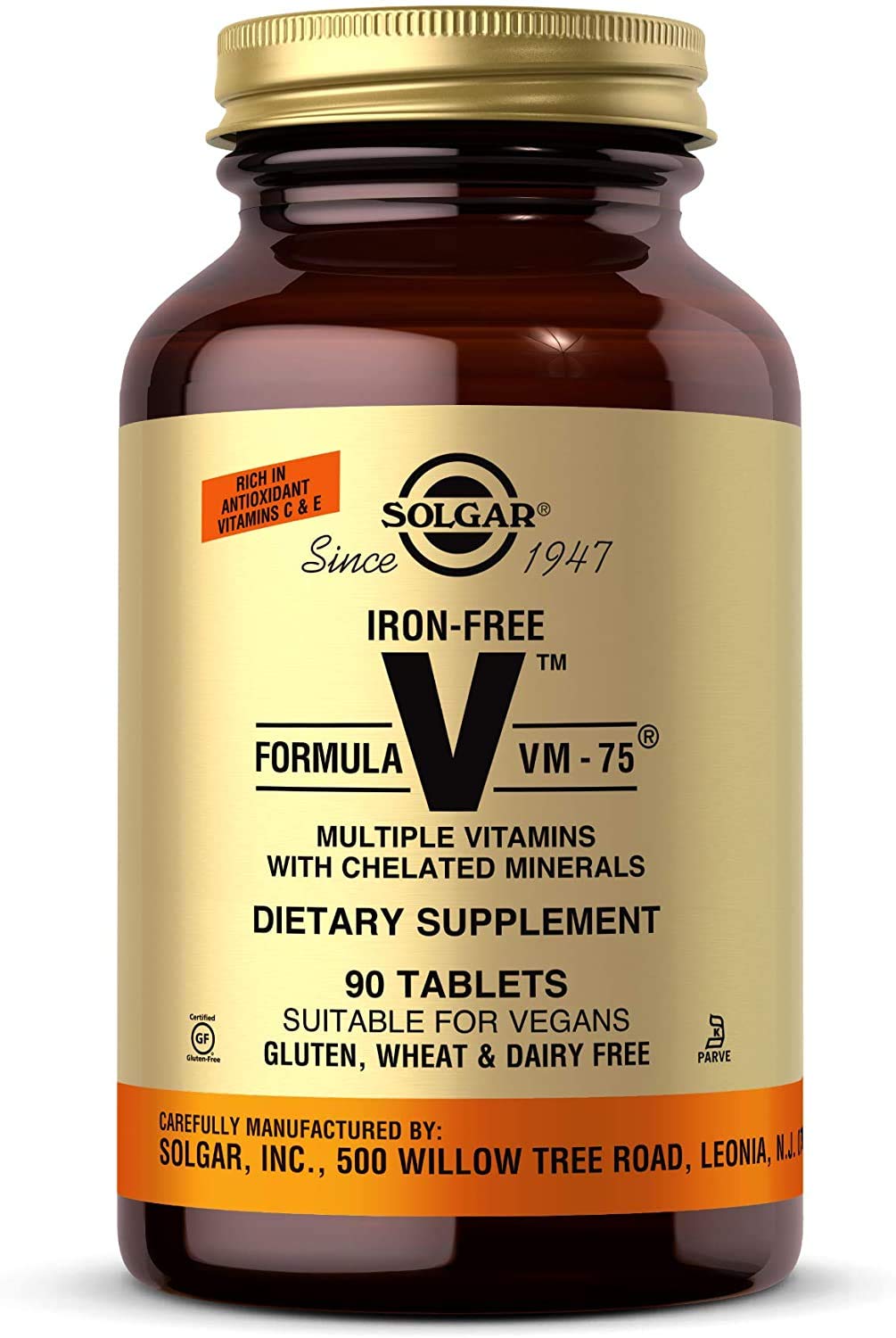 Solgar VM-75 iron-free bottle front shows vegan multivitamin packaging supporting daily wellness.