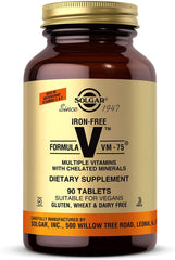 Solgar VM-75 iron-free bottle front shows vegan multivitamin packaging supporting daily wellness.
