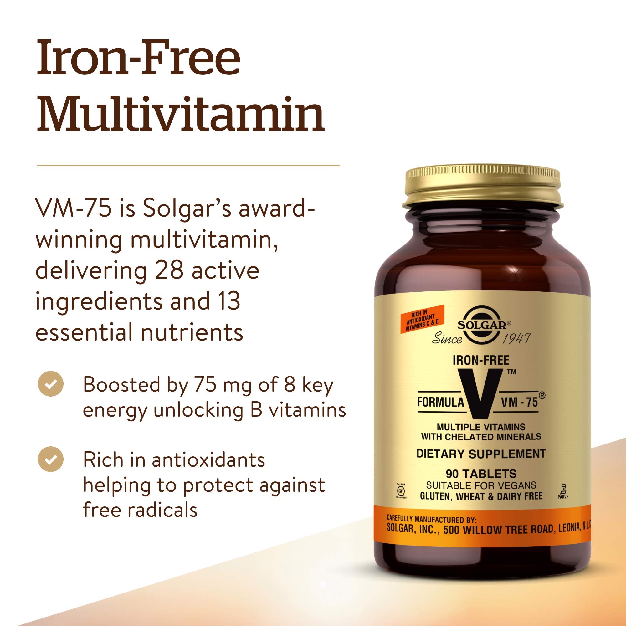 Solgar VM-75 tablets close-up highlighting chelated minerals and vitamin blend.
