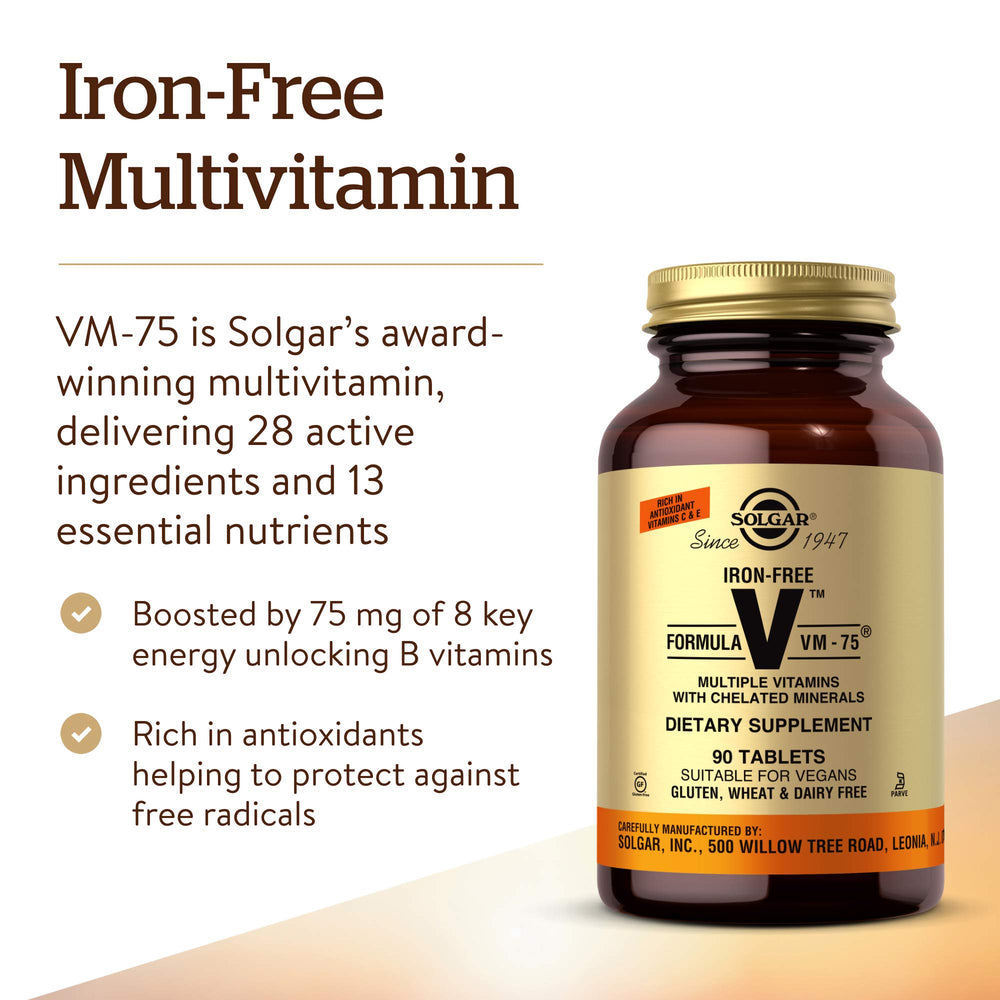 Solgar VM-75 tablets close-up highlighting chelated minerals and vitamin blend.