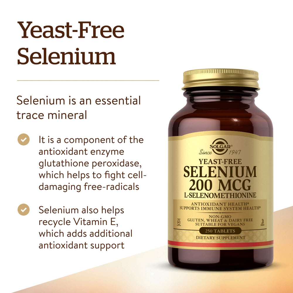 Solgar Yeast-Free Selenium label highlights non-GMO vegan and gluten-free attributes