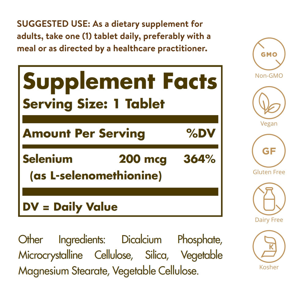 Solgar Yeast-Free Selenium tablets close-up, small and easy-to-swallow
