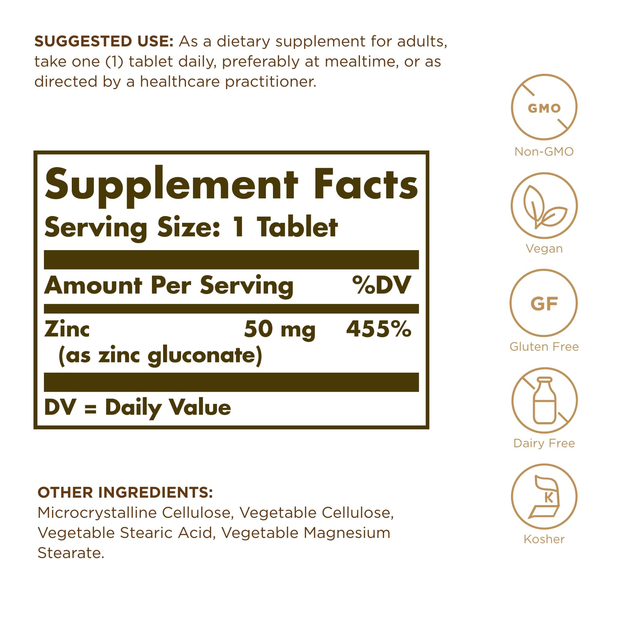 Solgar Zinc 50 mg label close-up; non-GMO and vegan certification.
