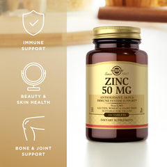 Solgar Zinc 50 mg packaging; premium quality and long-standing trust.
