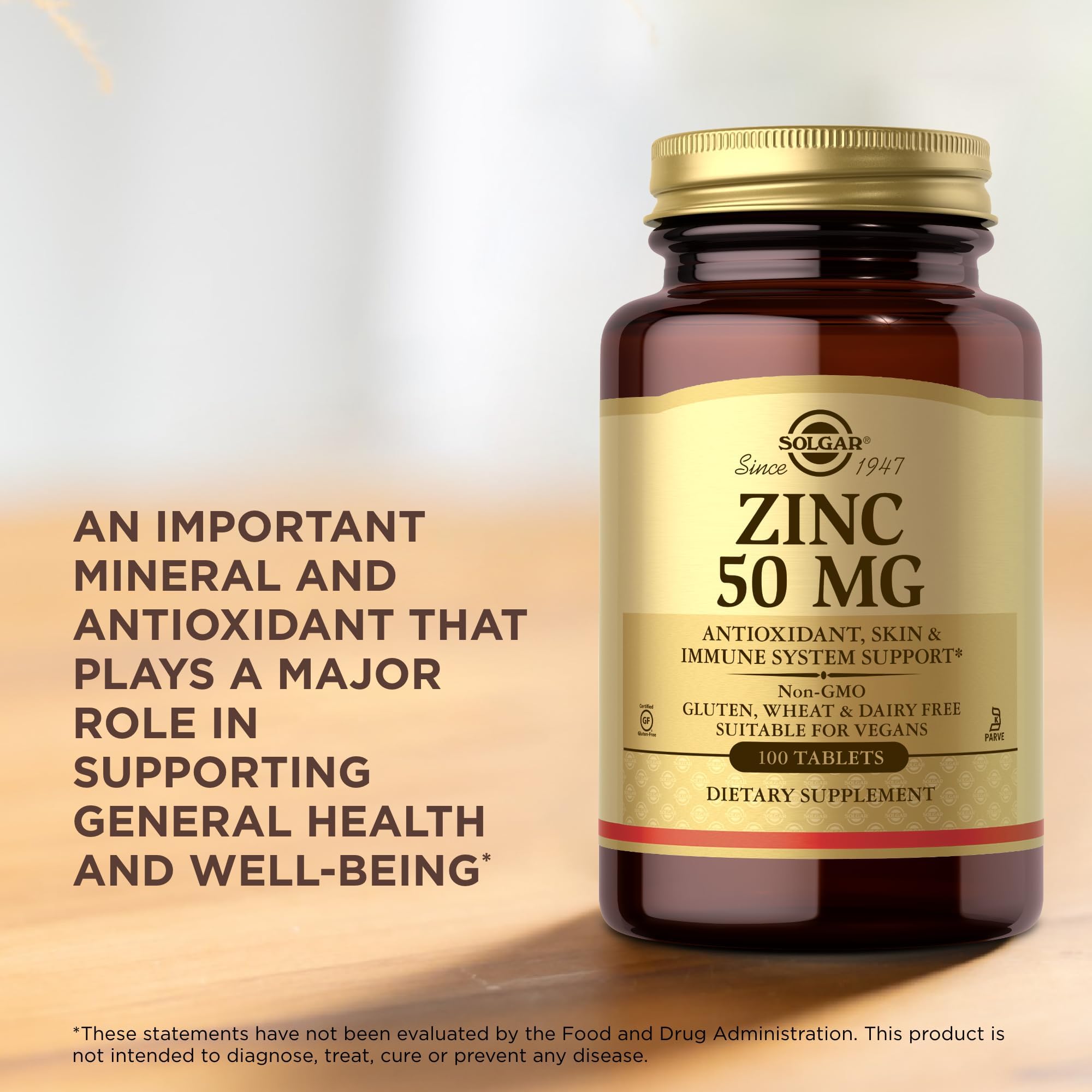 Solgar Zinc 50 mg serving size shows 100 tablets per bottle.