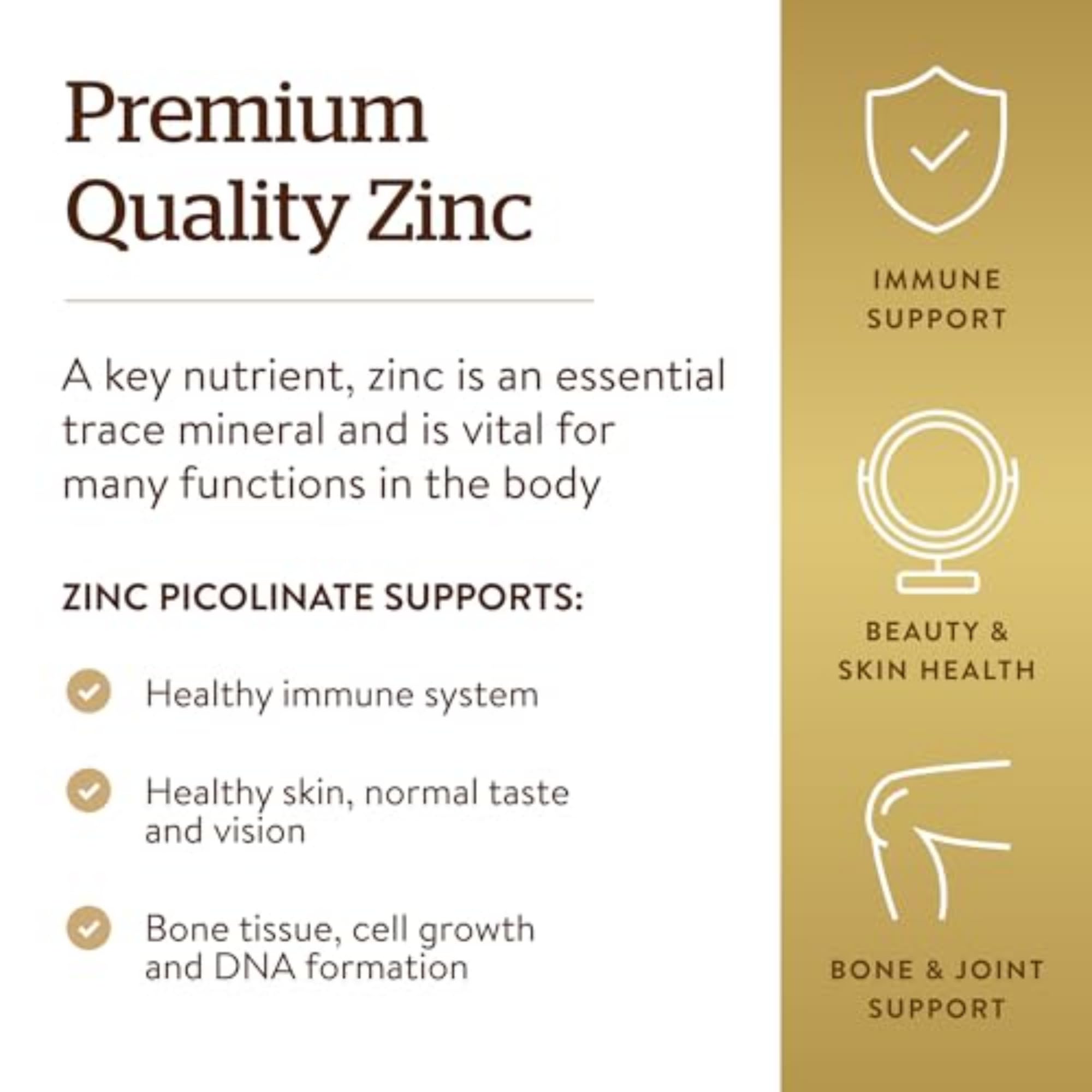 Solgar bottle displays 100 servings for daily zinc supplementation.
