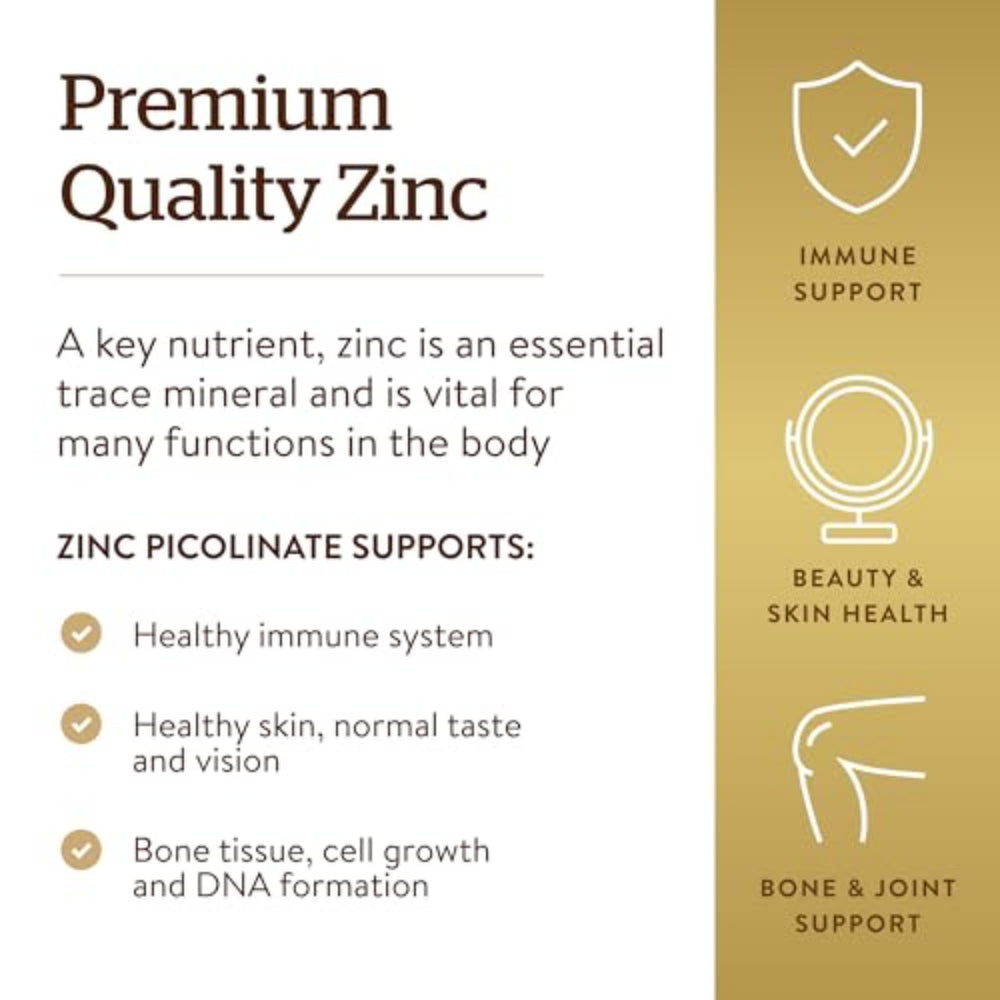 Solgar bottle displays 100 servings for daily zinc supplementation.