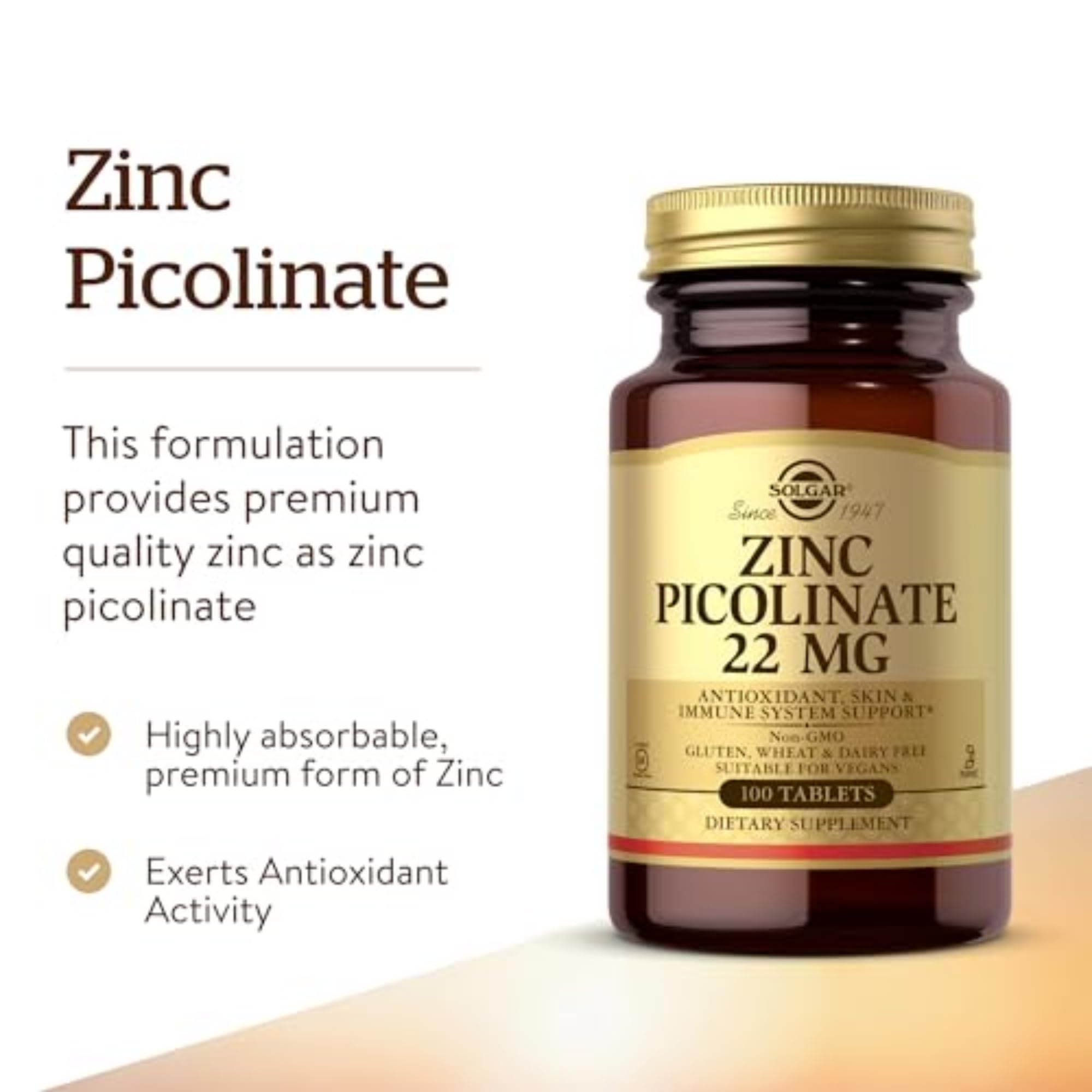 Solgar zinc picolinate label close-up shows non-GMO vegan gluten-free attributes.