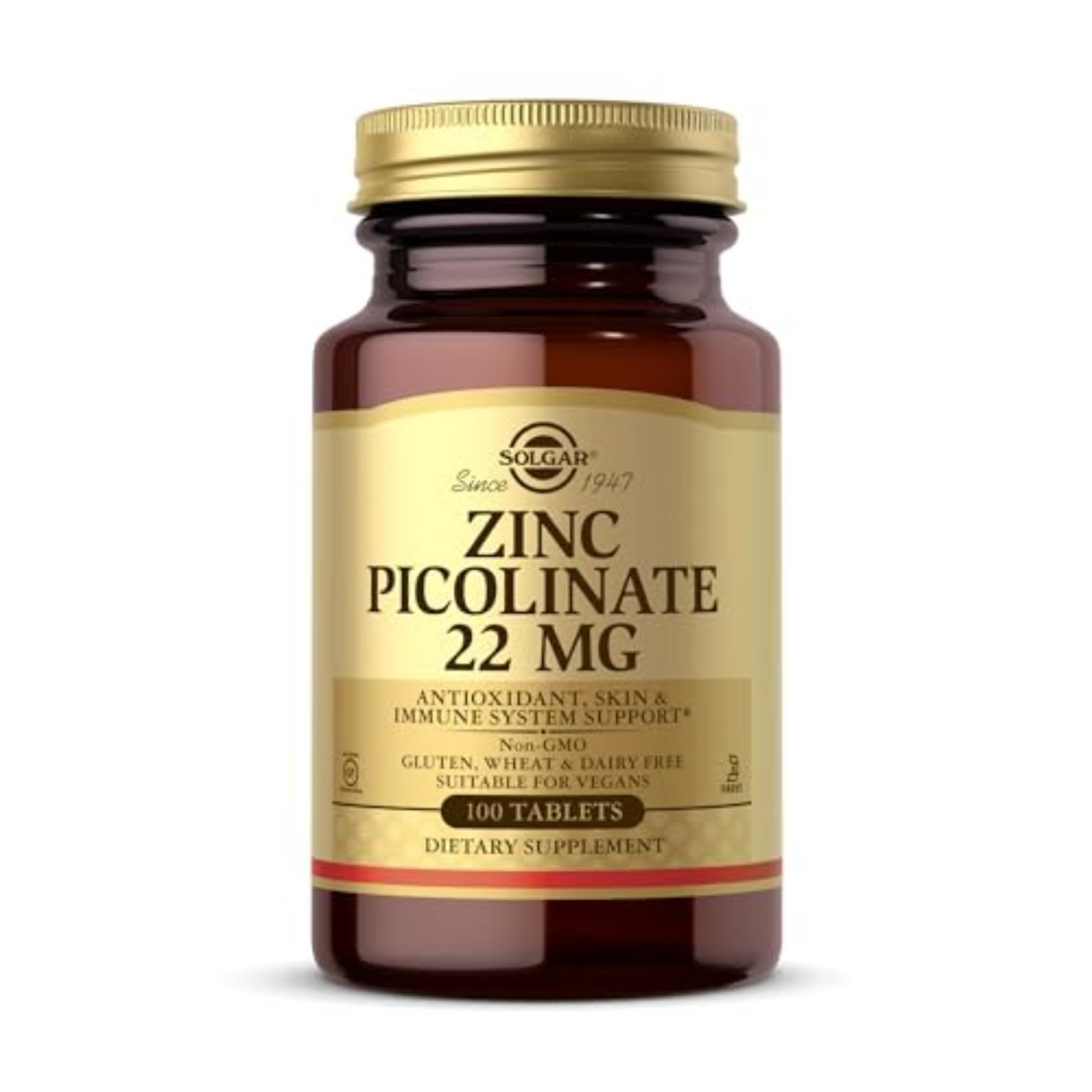 Solgar Zinc Picolinate 22 mg tablets bottle—potential immune support and skin health.