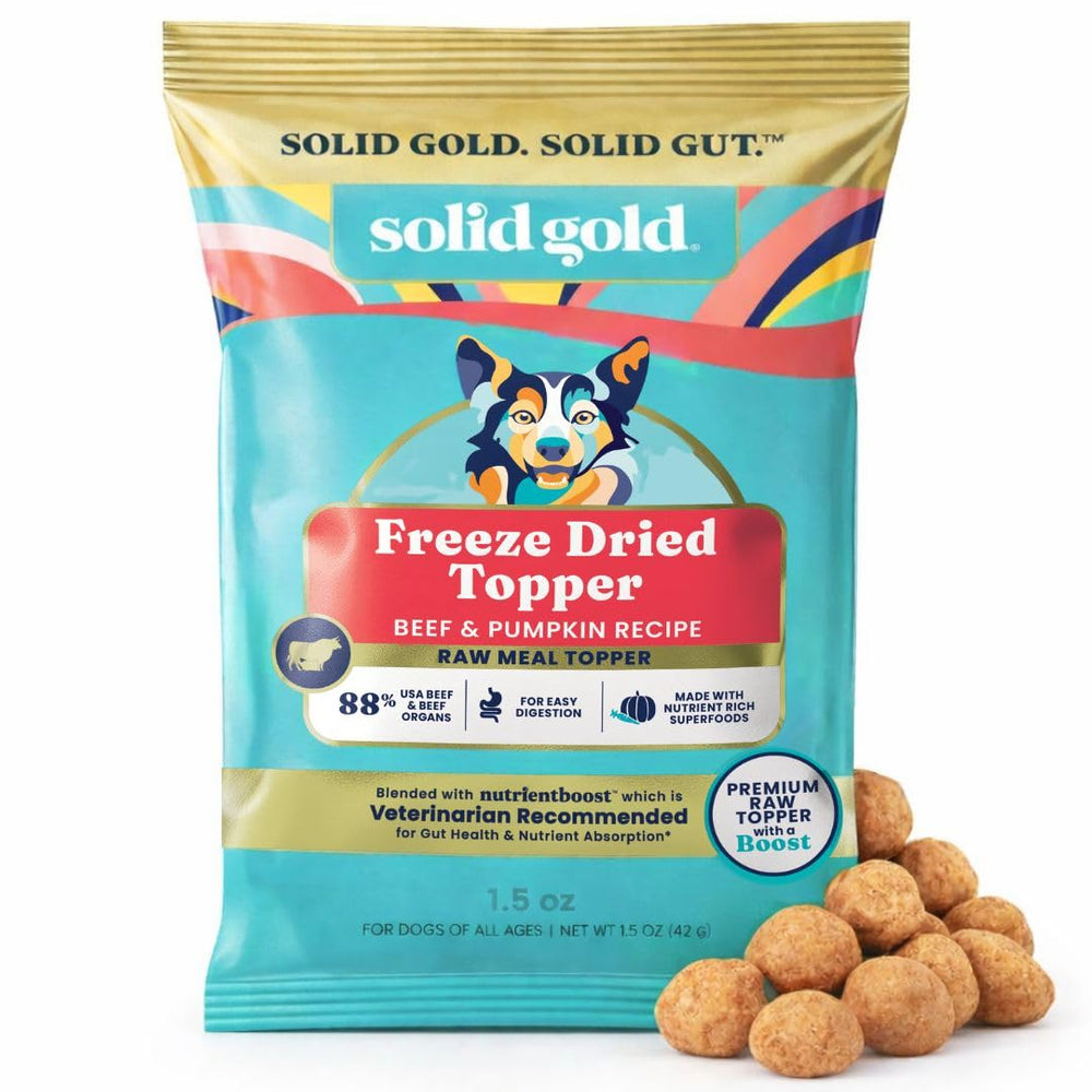 Solid Gold freeze dried dog food topper beef for protein-packed meals.