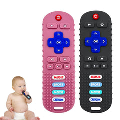 SOLIFEGOBLE remote teether in black and pink with button textures for soothing gums.