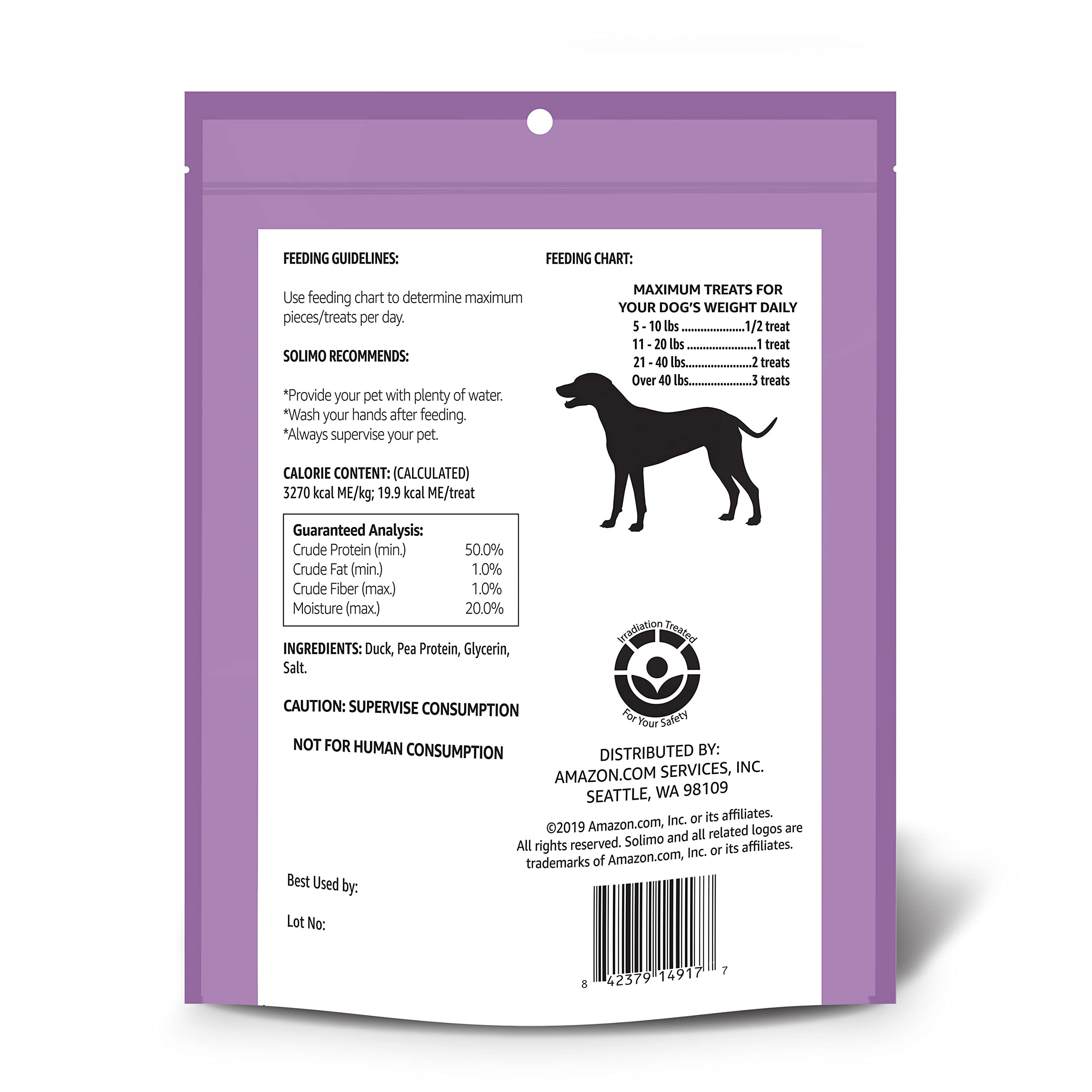 Solimo Duck Jerky Dog Treats 2 lb bag back detailing ingredients and size