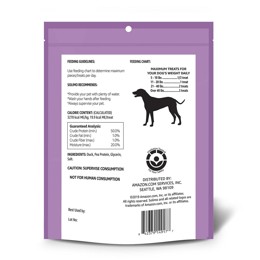 Solimo Duck Jerky Dog Treats 2 lb bag back detailing ingredients and size