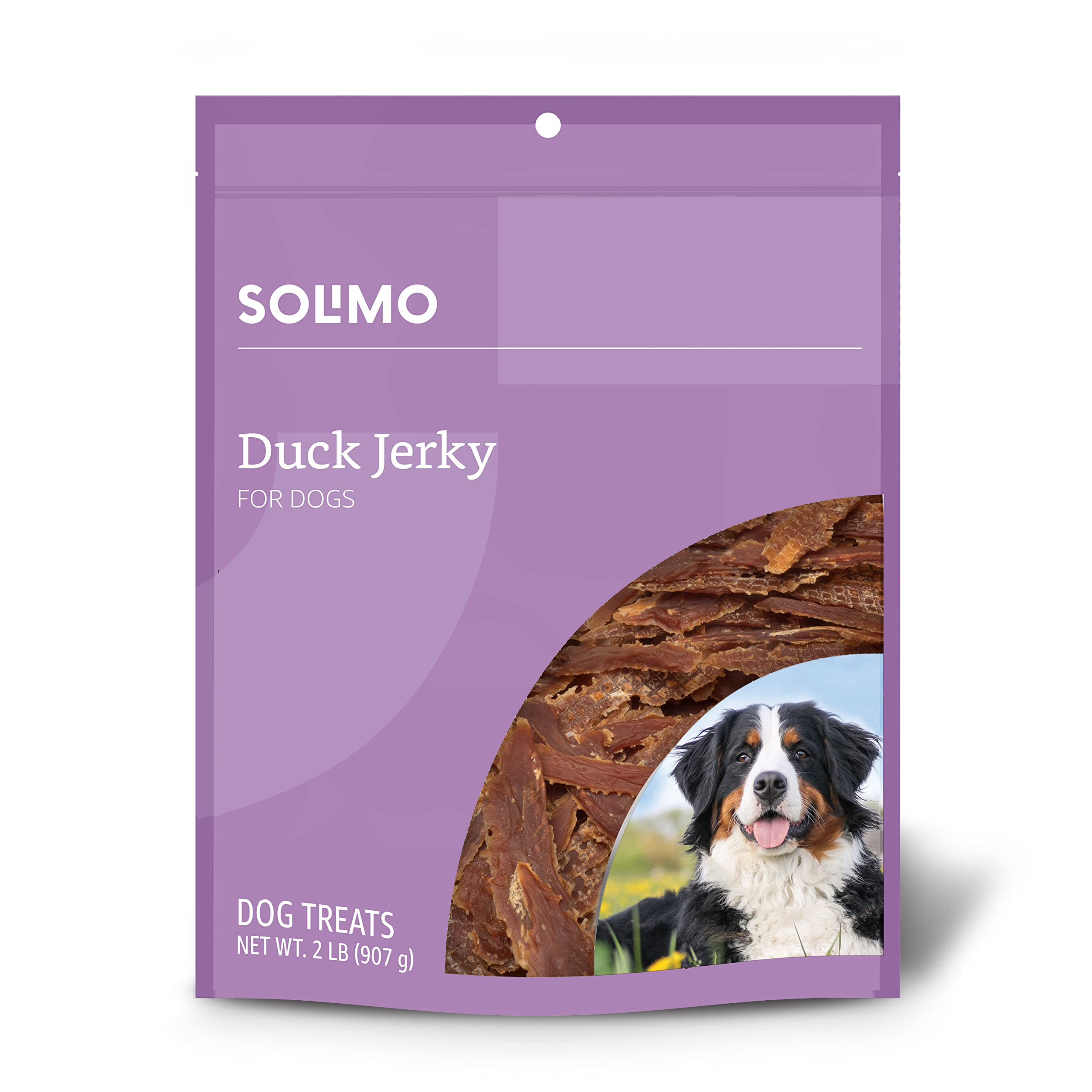 Solimo Duck Jerky Dog Treats 2 lb bag front showing premium flavor cue for rewards