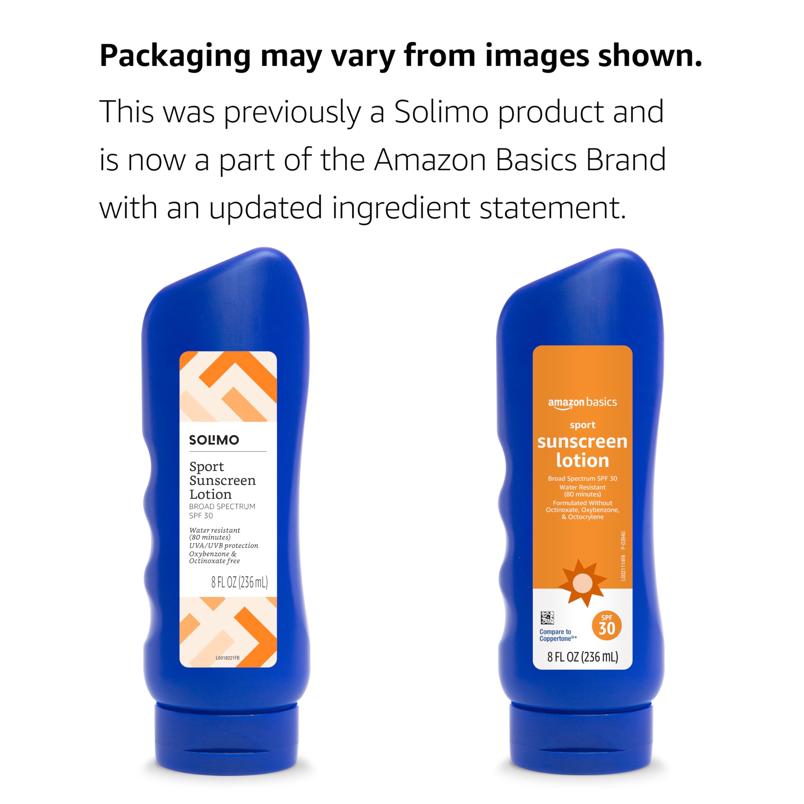 Solimo SPF 30 label close-up showing Octinoxate and Oxybenzone free claim