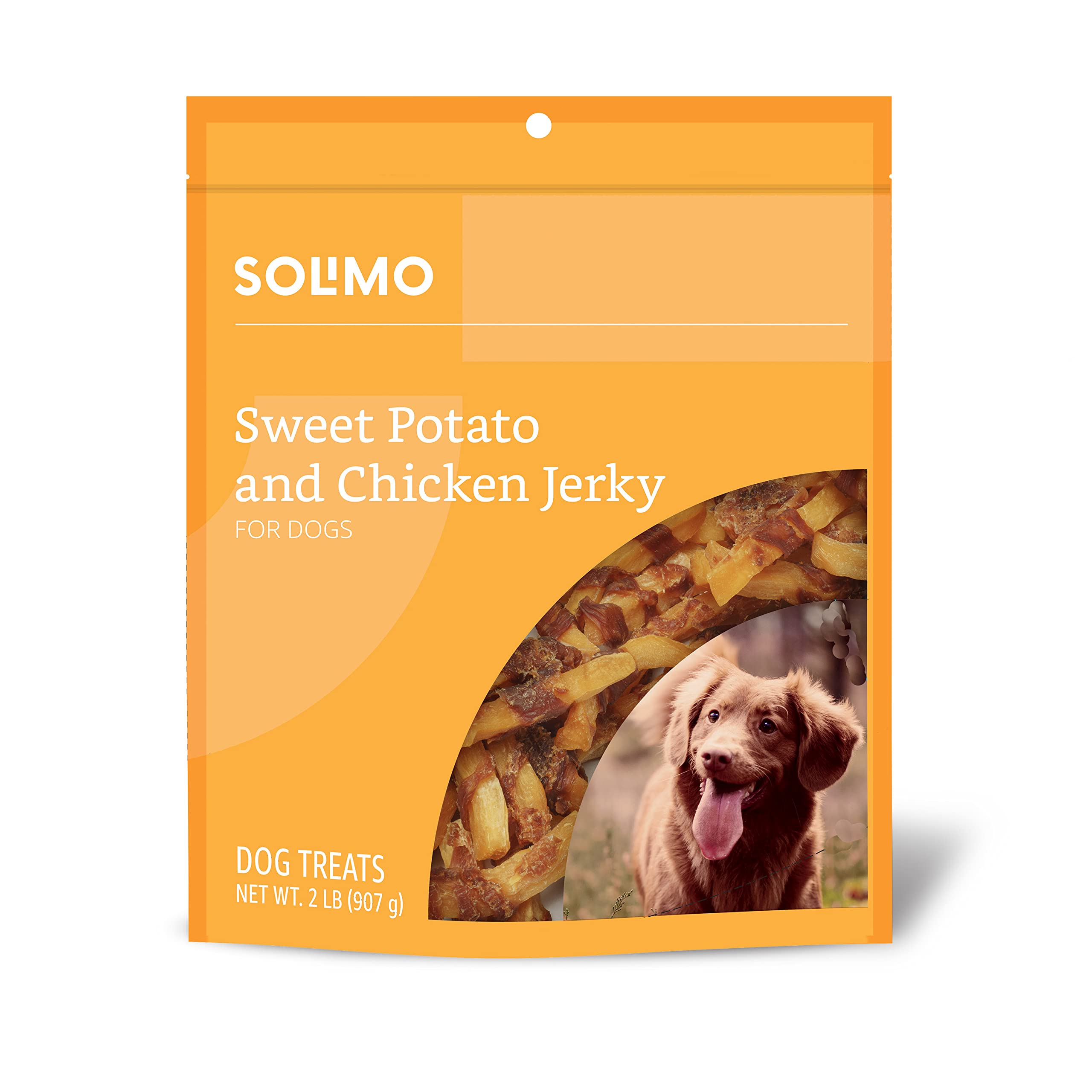 Solimo sweet potato and chicken jerky bag front, ideal training reward.