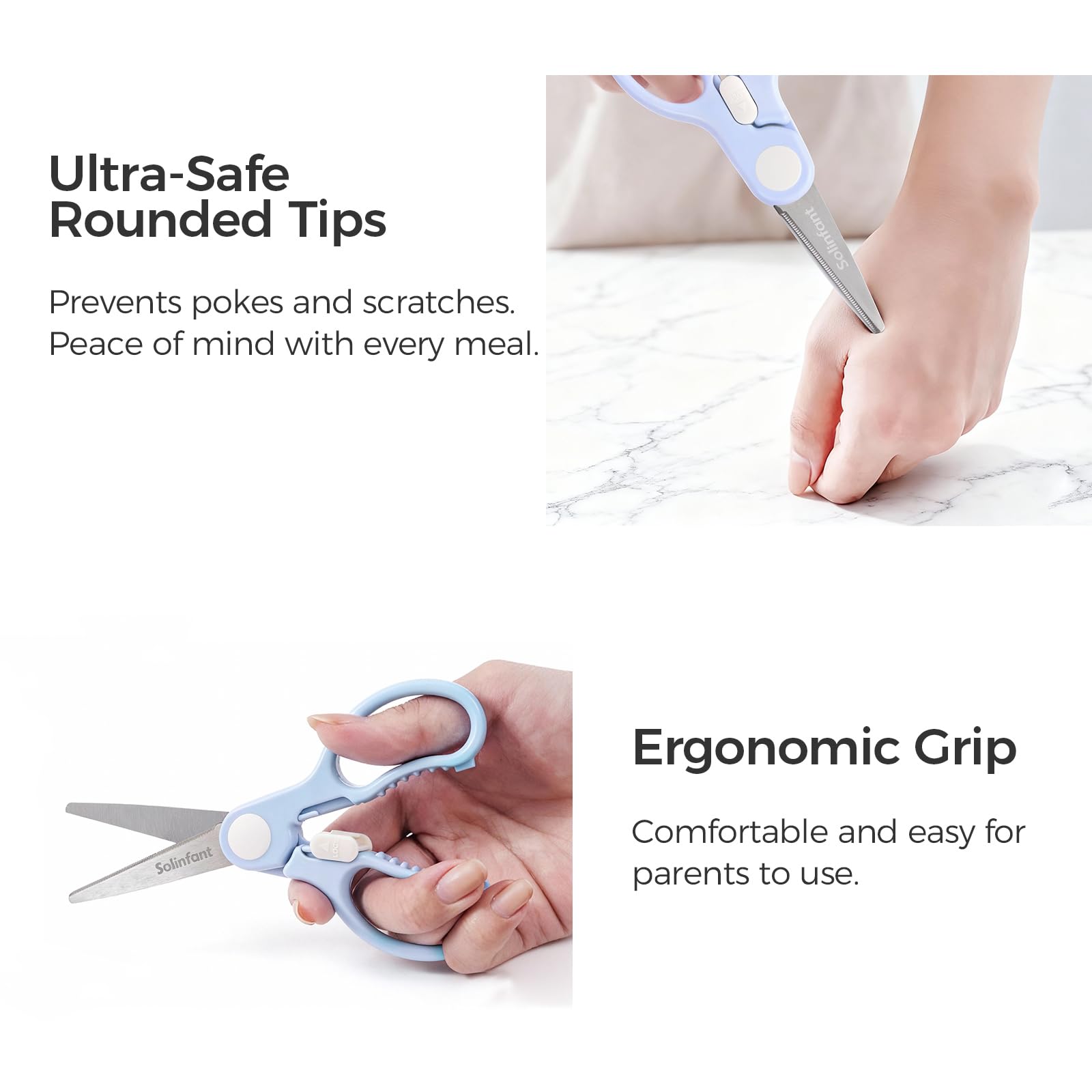 Solinfant ergonomic grip design comfortable for both hands.