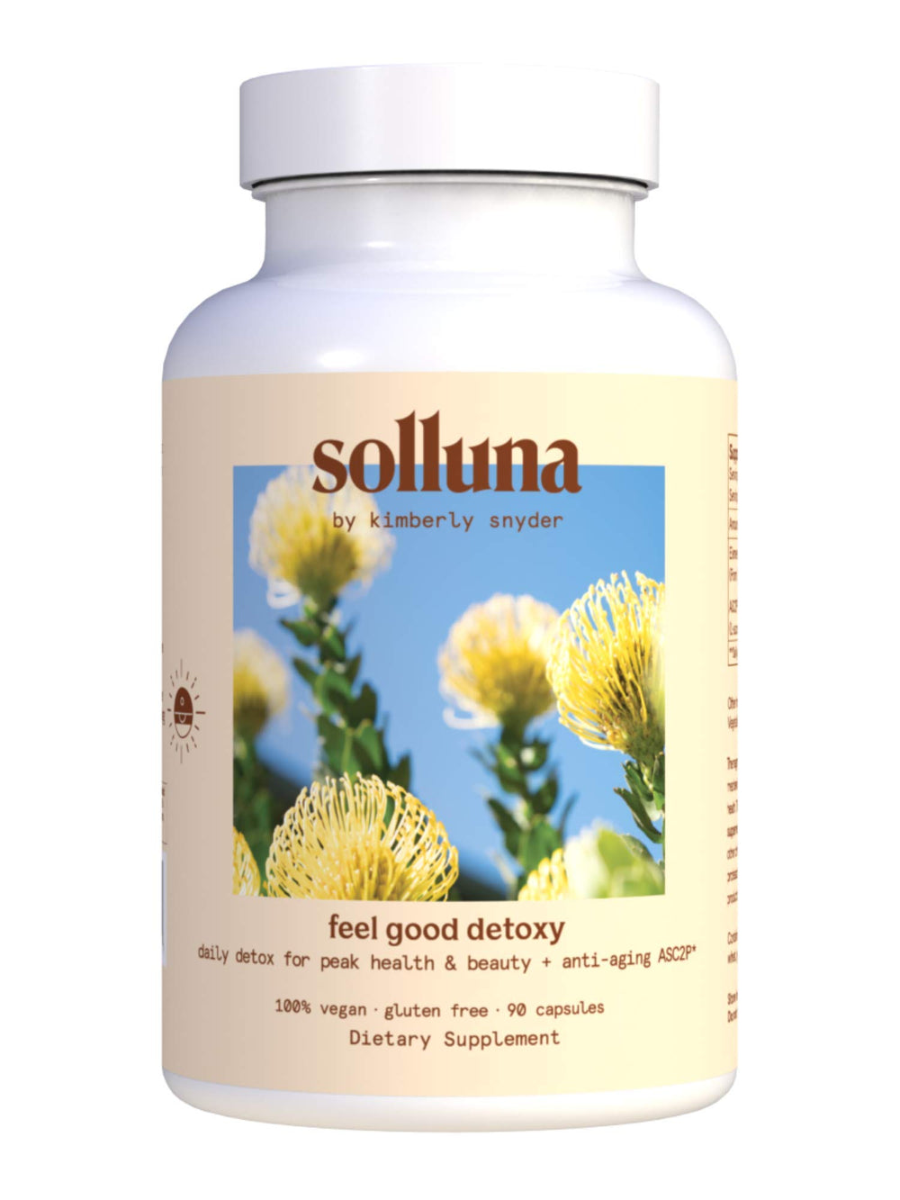 Solluna Detoxy bottle displaying the oxygenated colon cleanse formula for gentle daily support