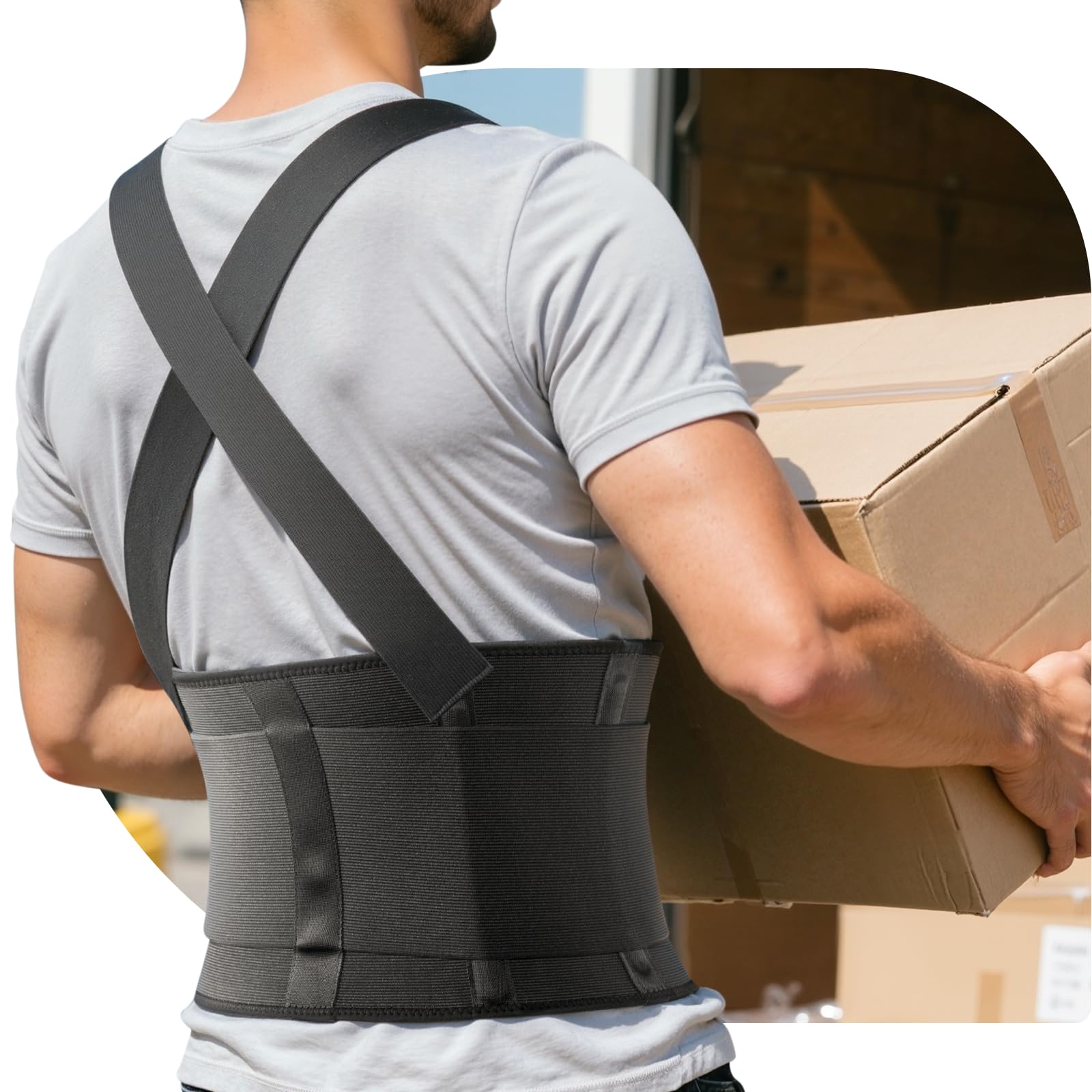 SOLOEVER Work Back Brace front view highlighting adjustable support for all-day wear