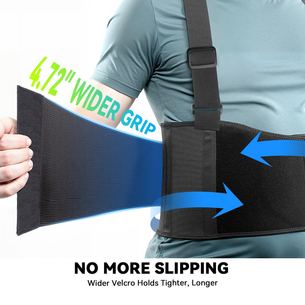 SOLOEVER Work Back Brace suspenders attachment demonstrates secure fit during movement