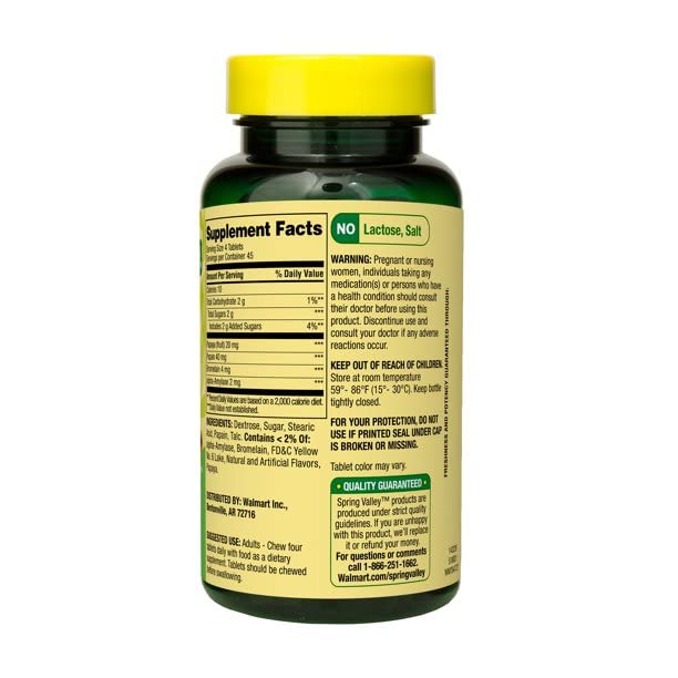Somall Spring Valley Papaya Enzyme Complex bottle closeup highlights chewable tablets and papaya flavor