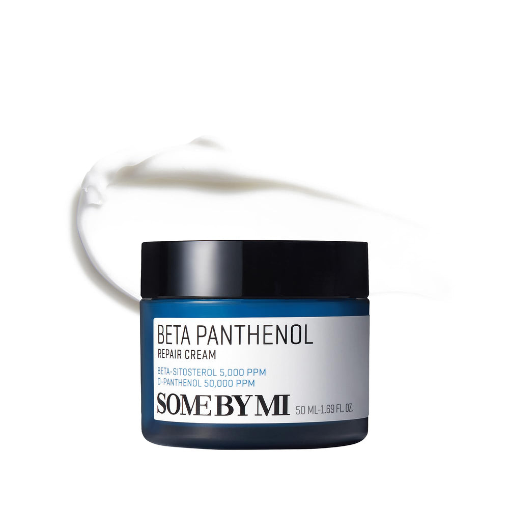 SOME BY MI Beta-Panthenol Repair Cream bottle demonstrates calming hydration for sensitive skin.