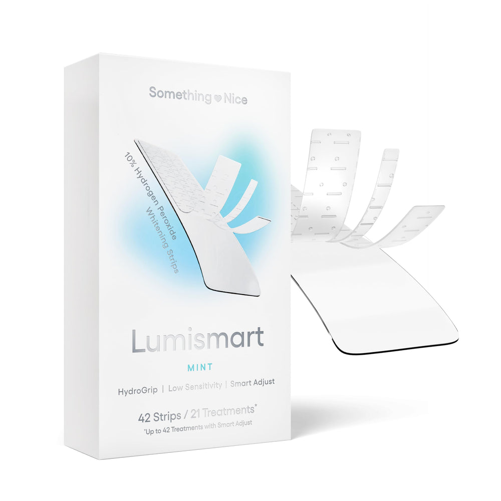 Something Nice Lumismart whitening strips mint packaging for enamel-safe whitening.