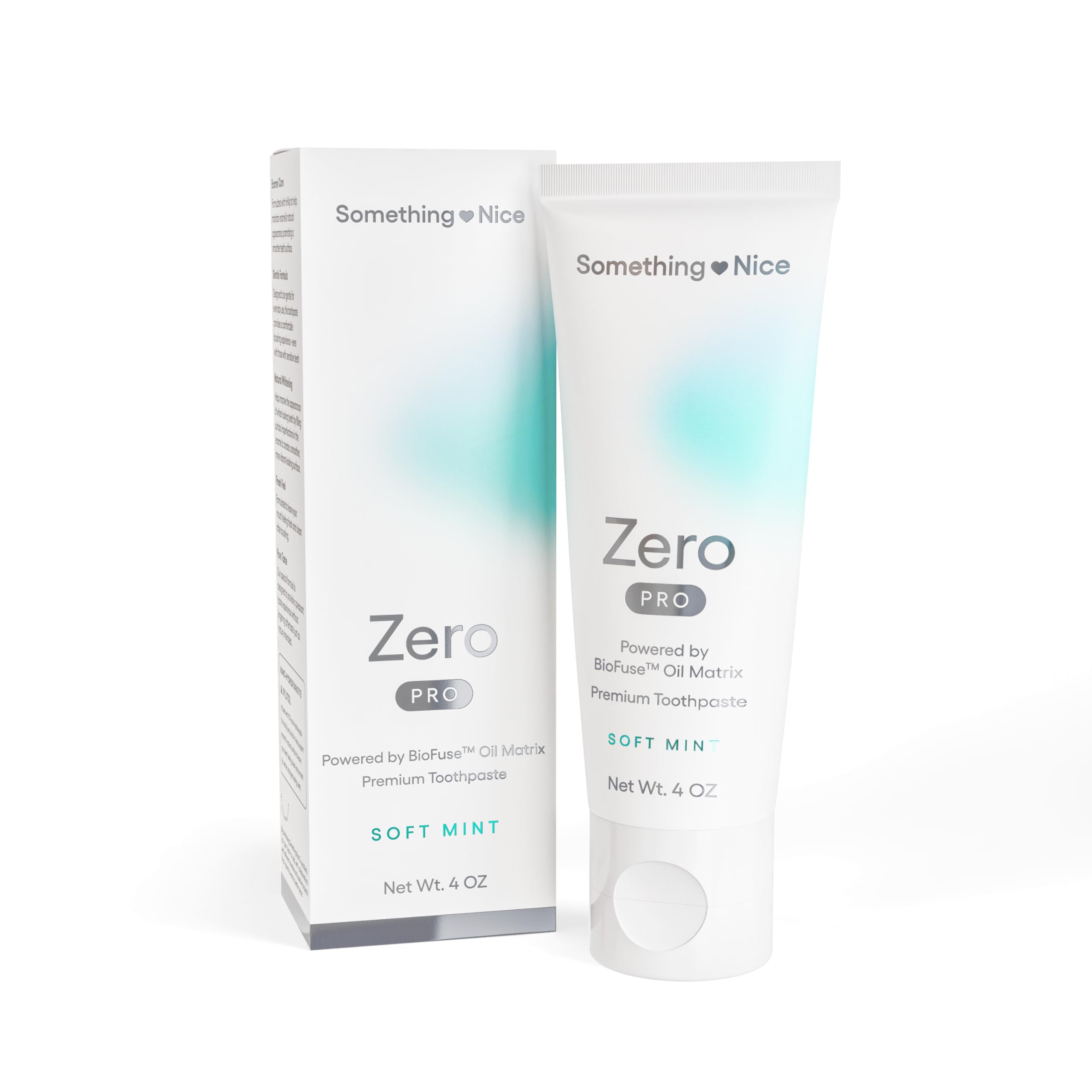 Something Nice Zero Pro toothpaste tube front highlights enamel-friendly, fluoride-free remineralization.