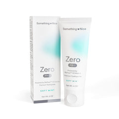 Something Nice Zero Pro toothpaste tube front highlights enamel-friendly, fluoride-free remineralization.