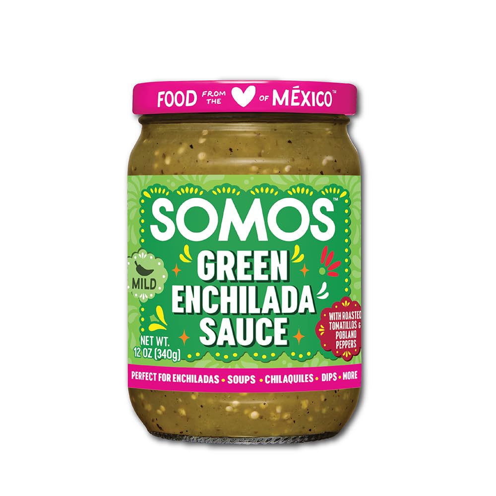 Somos Green Enchilada Sauce bottle ready for enchiladas.